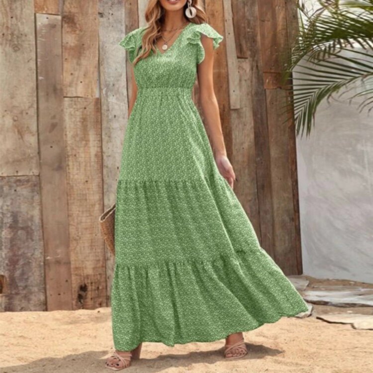 Summer Bohemian Style V-Neck High Waist Printed Panel Dress