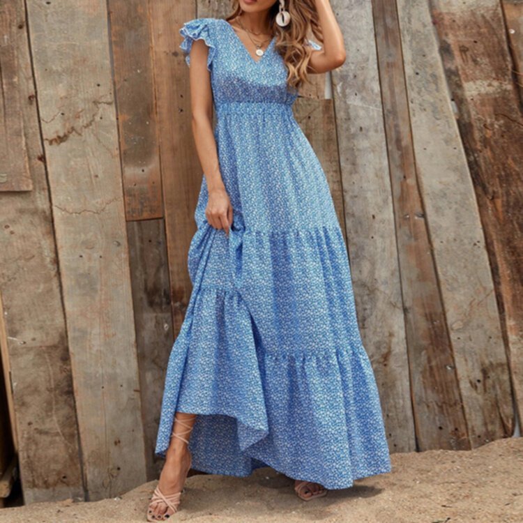 Summer Bohemian Style V-Neck High Waist Printed Panel Dress