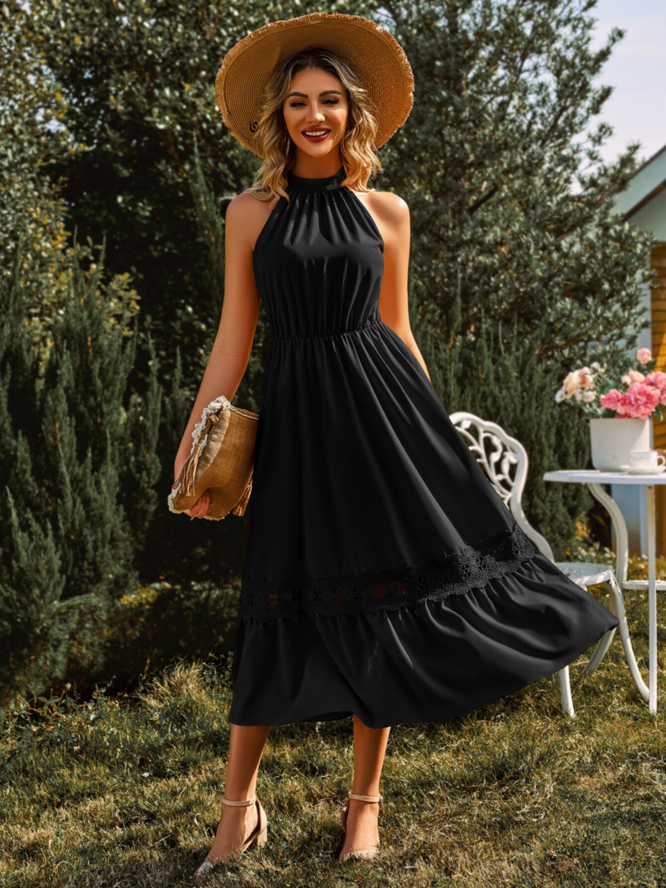 Summer Pure Color Sleeveless Neck Hanging Lace Dress