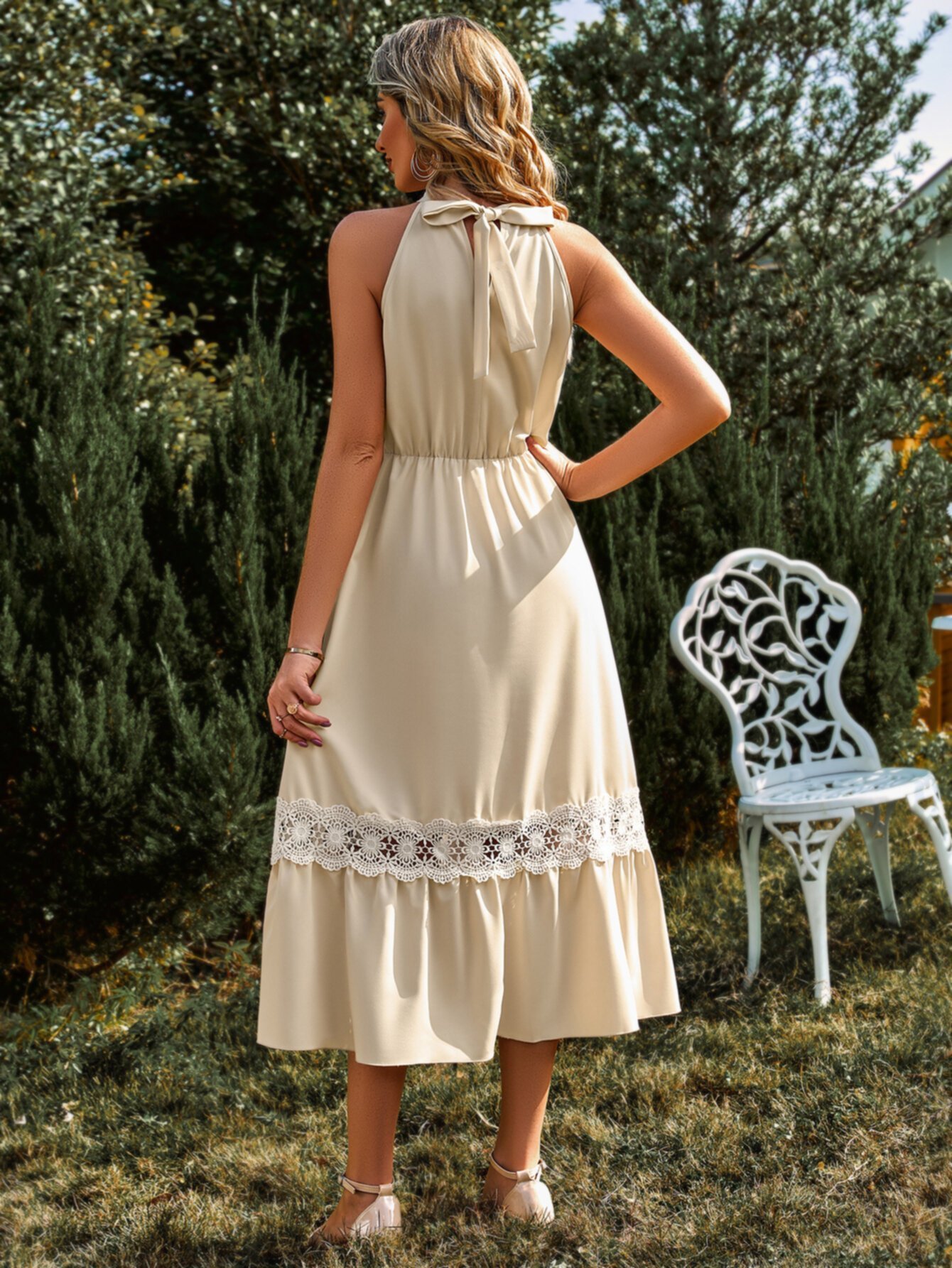 Summer Pure Color Sleeveless Neck Hanging Lace Dress