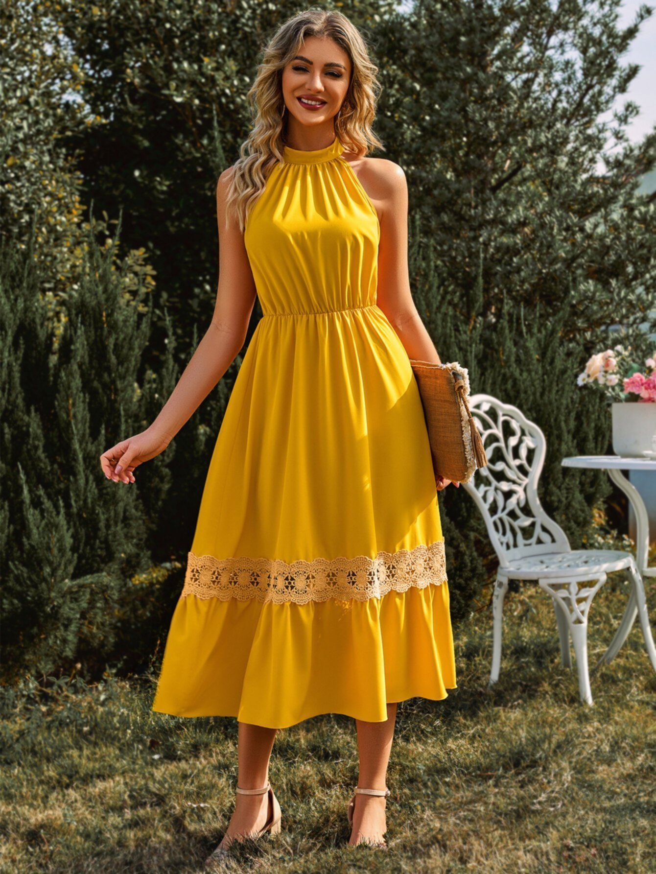 Summer Pure Color Sleeveless Neck Hanging Lace Dress