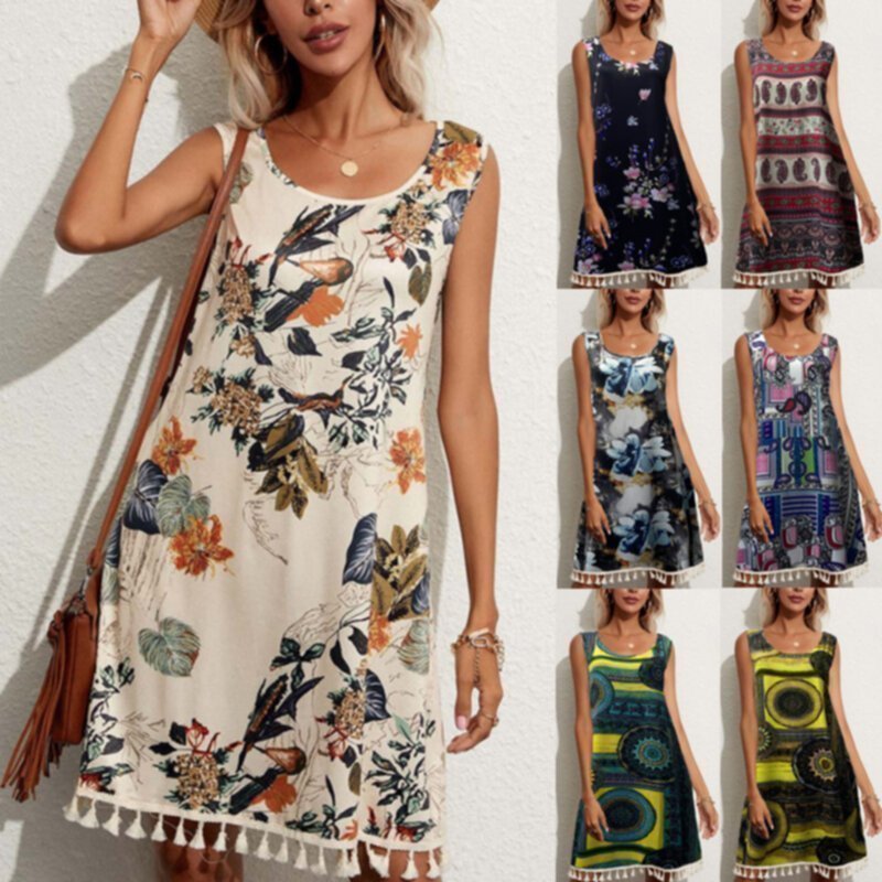 Fringe Printed Crew Sleeveless Summer Women Dress 