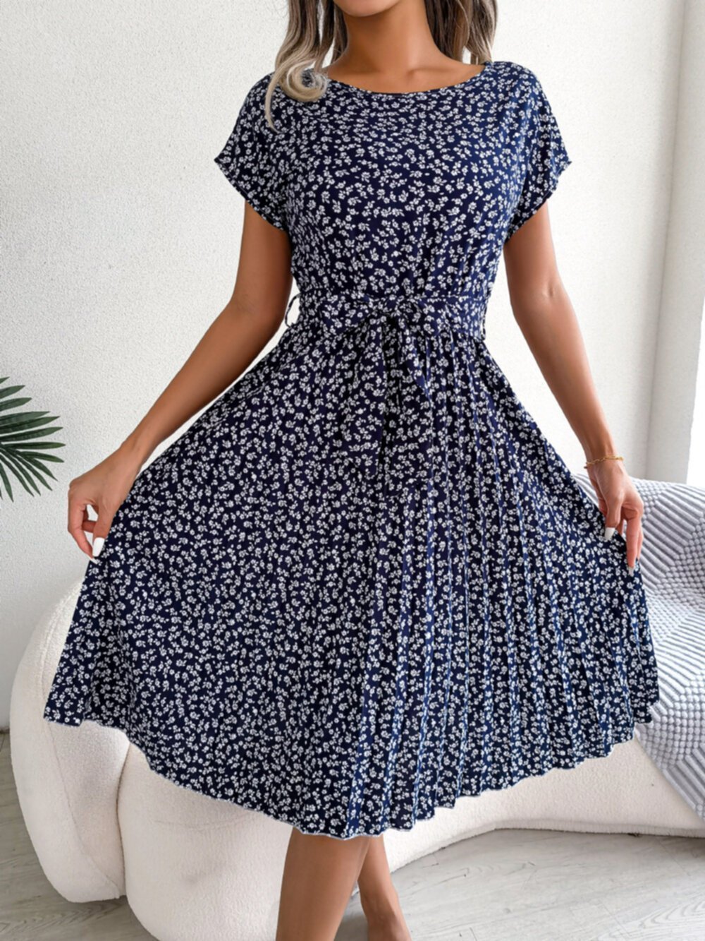 Summer New Casual Print Pleated High Waist Dress