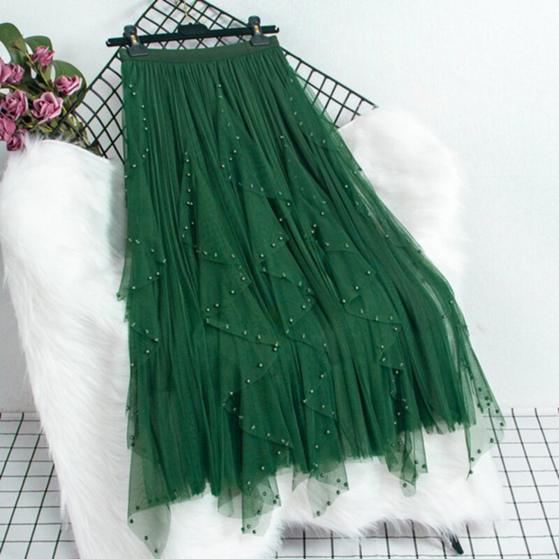 Spring and Autumn High Waist Beaded Mesh Skirt