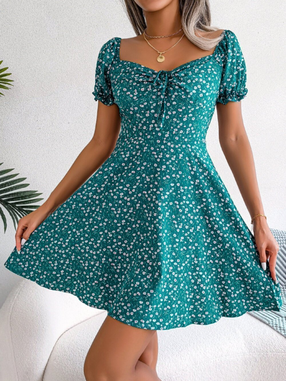 New floral square neck fitted high waist dress