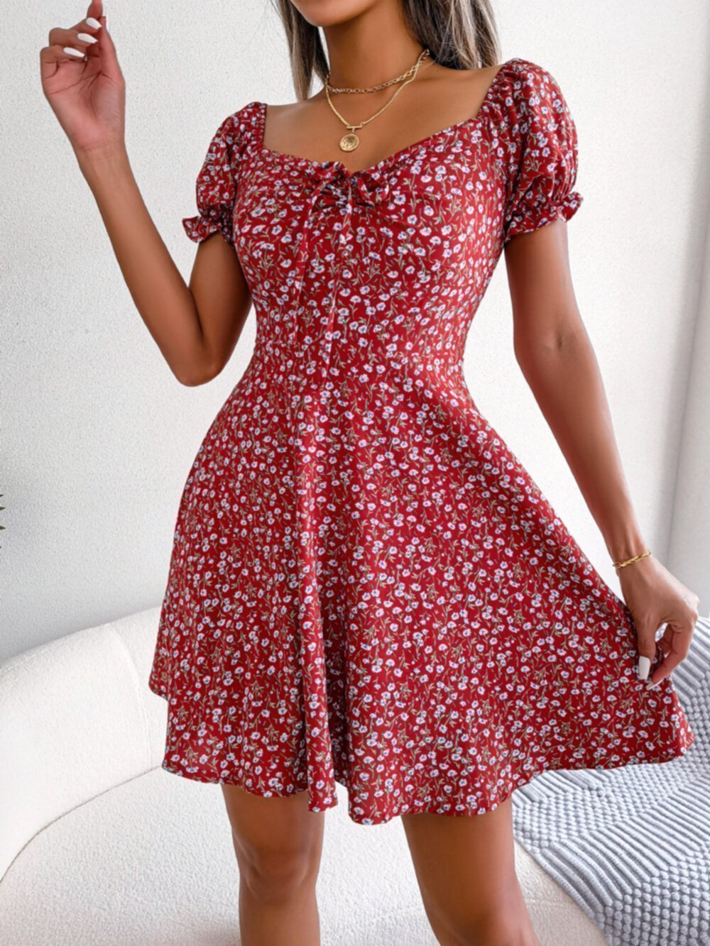 New floral square neck fitted high waist dress