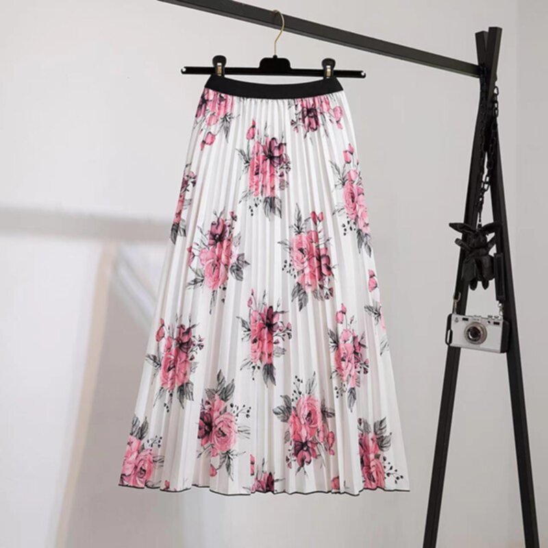Spring and Autumn New printed pleated long skirt