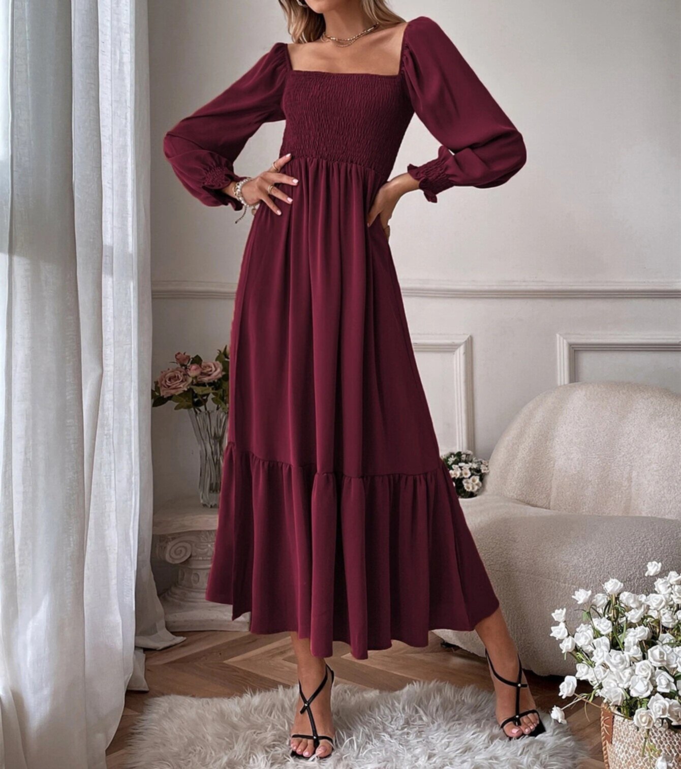 Square neck long sleeved thin soft dress