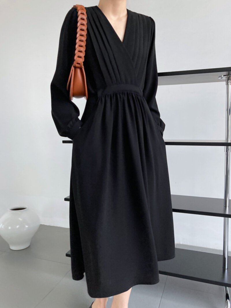 Elegant V-neck Waist Fold Long Sleeve Dress