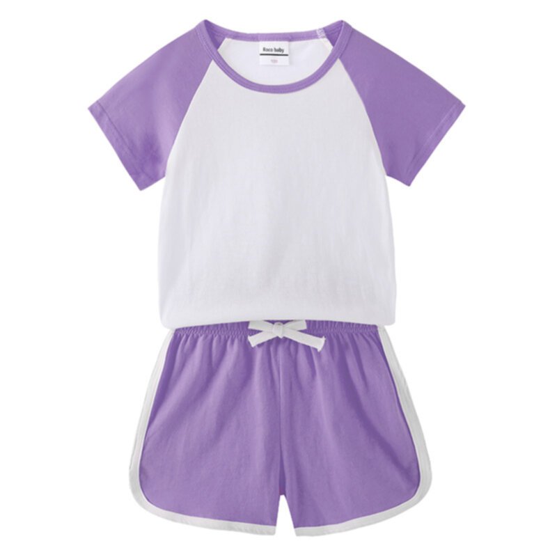 Simple solid color children's round neck T-shirt shorts set