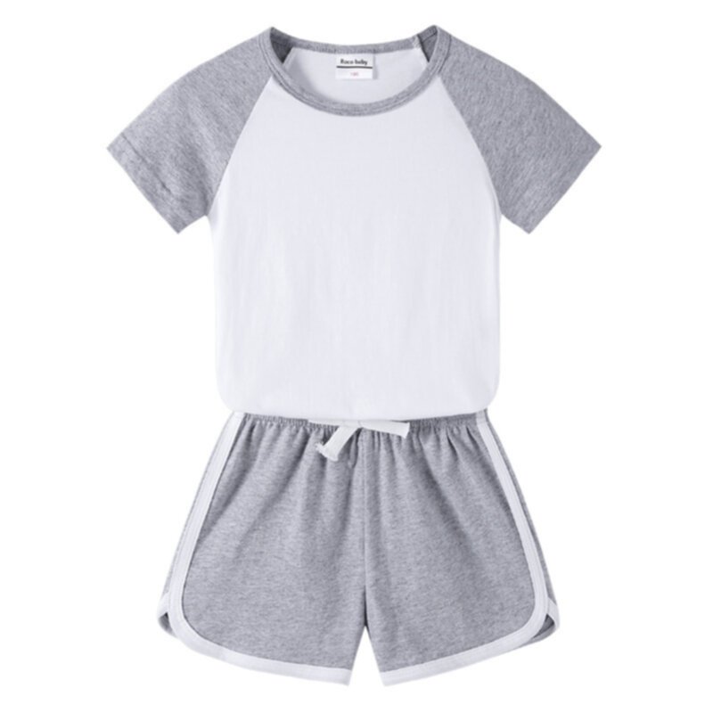 Simple solid color children's round neck T-shirt shorts set