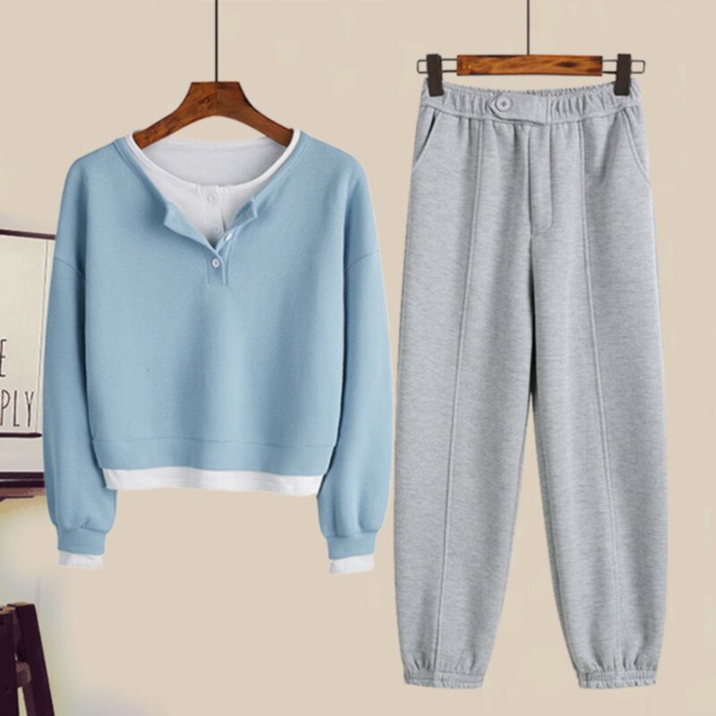 Spring new fake two-piece round neck sweater sports suit