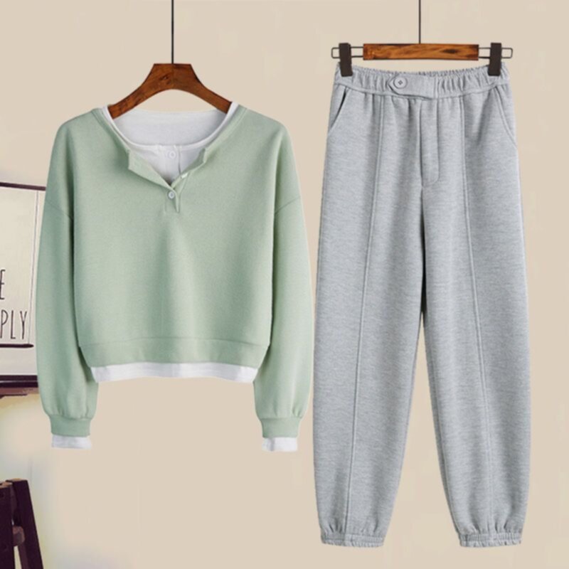 Spring new fake two-piece round neck sweater sports suit