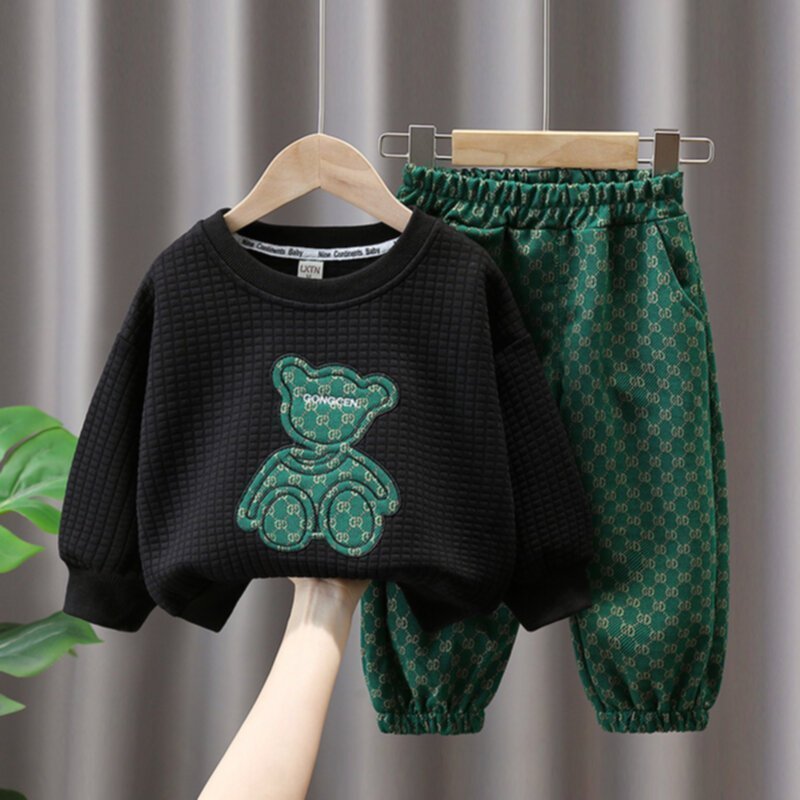 Children's embroidered teddy bear sweater set sports suit