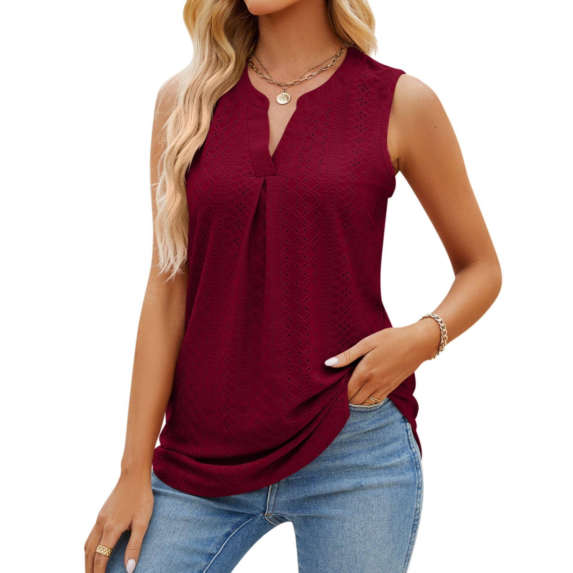 Sleeveless V-neck pleated women's tank top