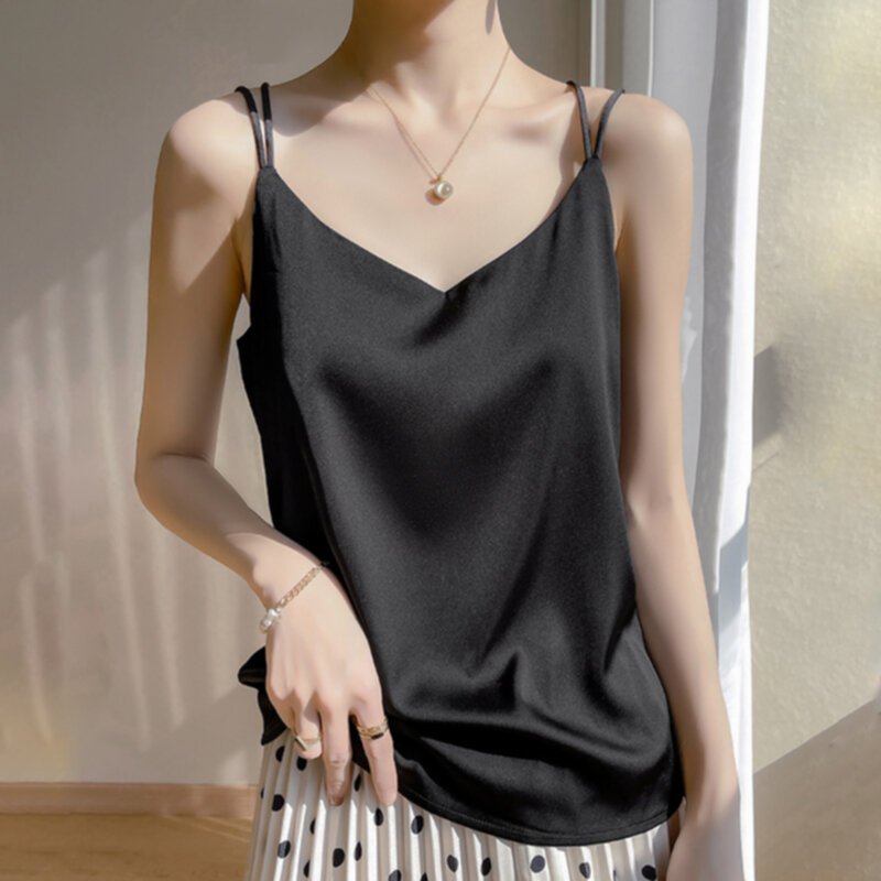 New Satin Loose Shoulder Strap Tank Top