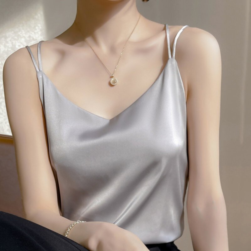 New Satin Loose Shoulder Strap Tank Top