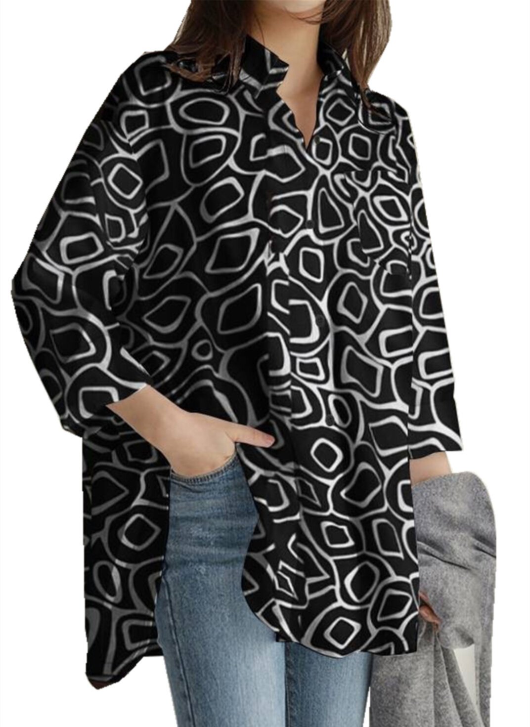 Fashion printed loose fitting casual long sleeved shirt