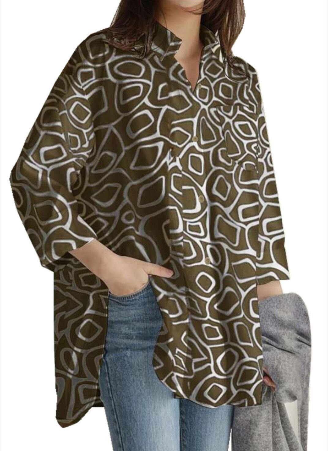Fashion printed loose fitting casual long sleeved shirt