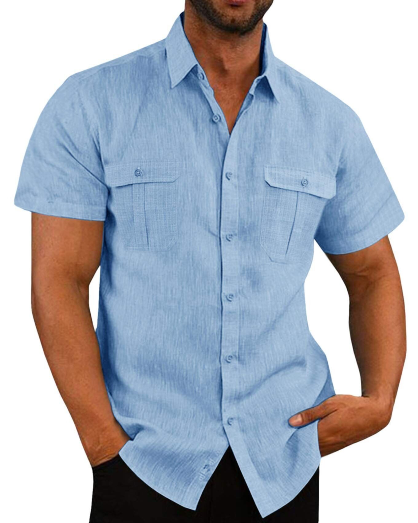 Solid color pocket single breasted short sleeved men's shirt