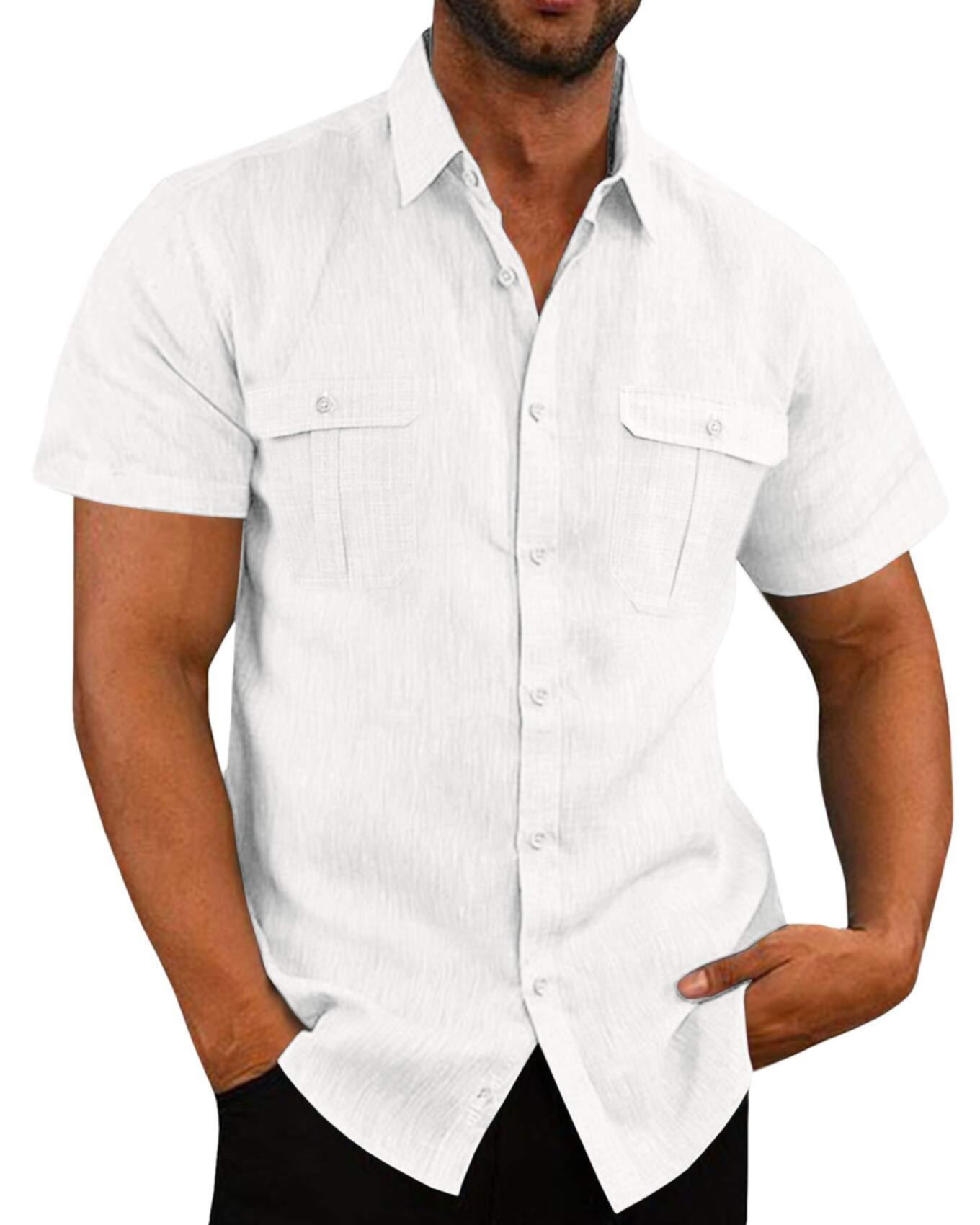 Solid color pocket single breasted short sleeved men's shirt