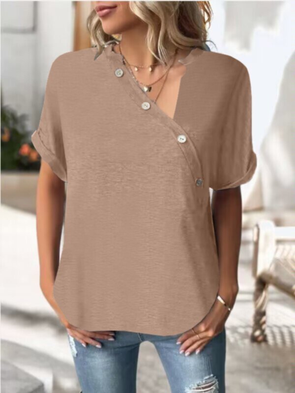 Solid button embellished diagonal neckline short sleeved top