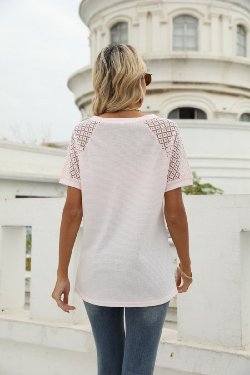 Lace patchwork short sleeved V-neck T-shirt top