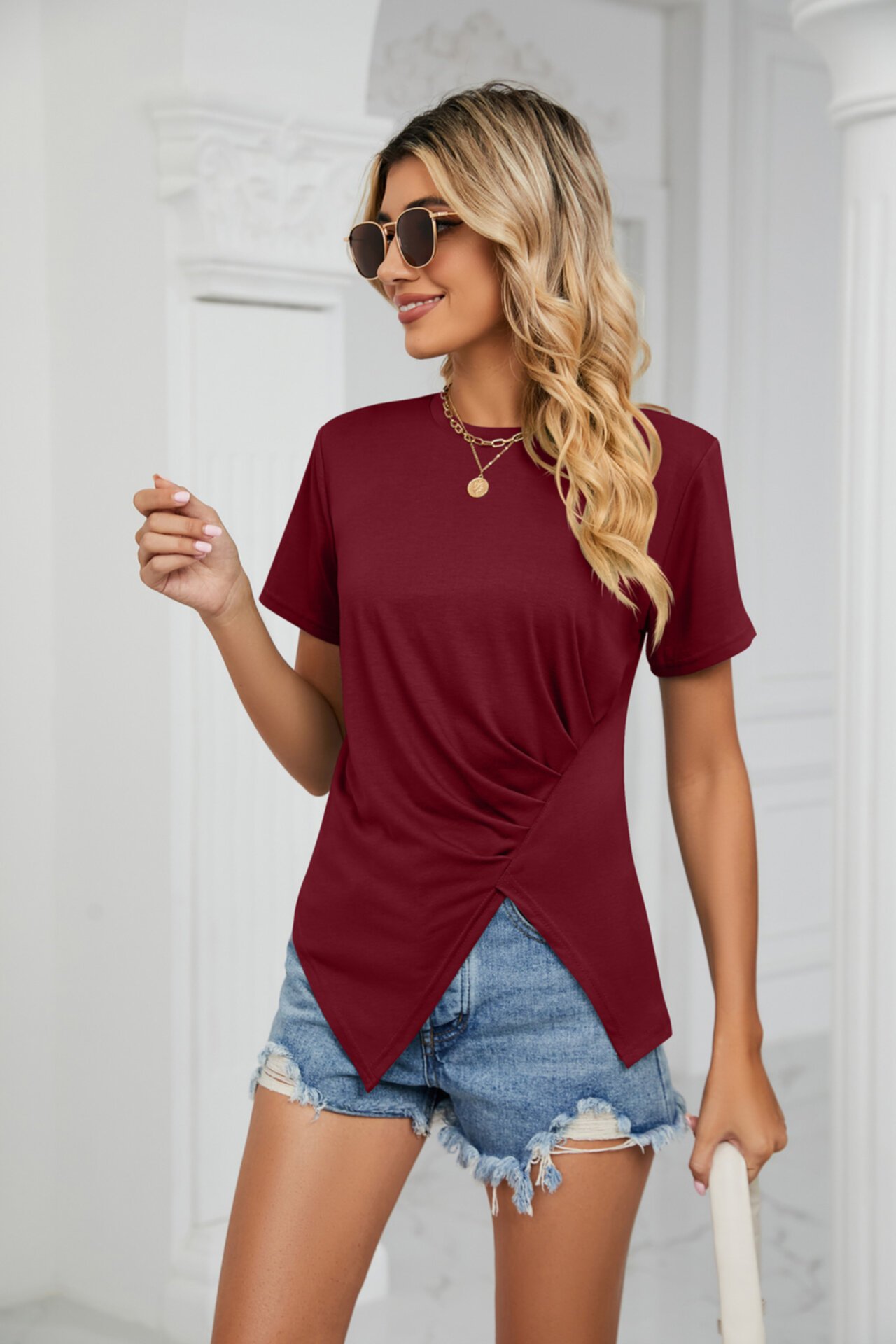 Summer New Solid Round Neck Pleated Short Sleeve Top
